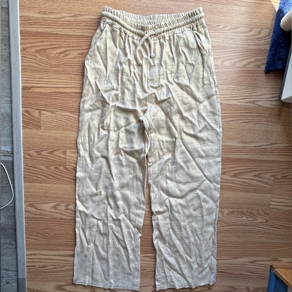 Scandal Italy Tan With Gold Metallic Sheen Linen Drawstring Pants Size Large